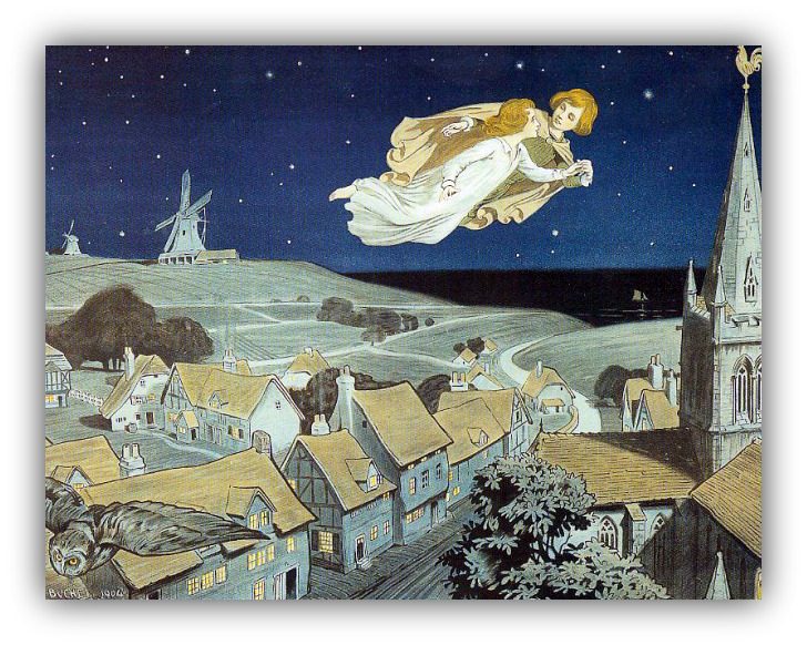 Peter Pan Wendy flying to Neverland J.M.Barrie by Chas Buchel 1904
