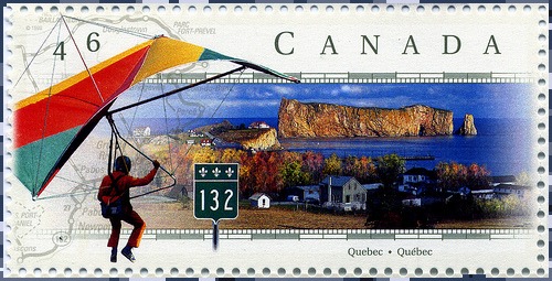 Route 132 to Rocher Perce Quebec on Canadian stamp