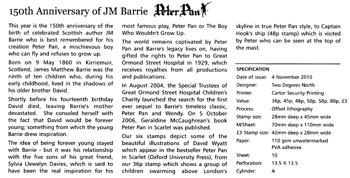 Peter Pan JM Barrie 150th Ann Alderney
